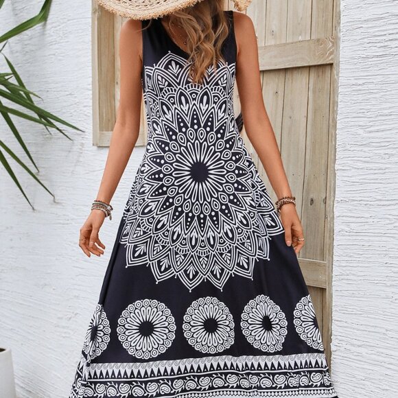 Honey Printed Round Neck Sleeveless Dress - Picture 1 of 13